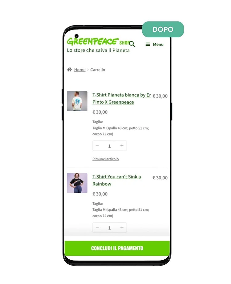 Carrello e-shop Greenpeace dopo l'ottimizzazione